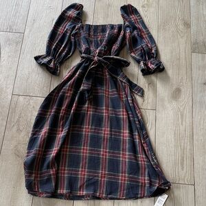 Cupshe Navy Plaid Long Sleeve Dress